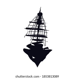 Old sunken broken ship logo icon sign sailboat sail mast ancient emblem Hand drawn doodle sketch Modern design Geometric cartoon children style Fashion print clothes apparel greeting invitation card
