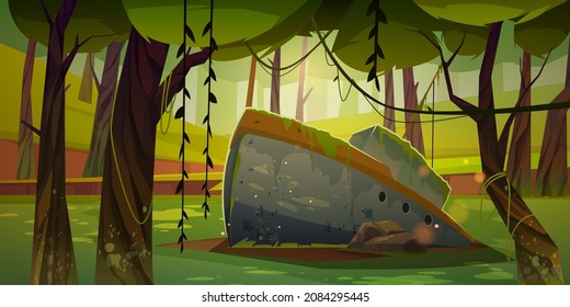 Old sunken ship covered with moss stuck in ground in deep forest. Cartoon background, nature landscape with ancient boat, deciduous trees and lianas, adventure game, archaeology, Vector illustration