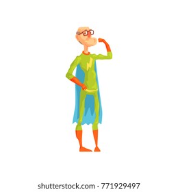 Old superhero showing his biceps. Grandfather in good physical shape. Elderly character in glasses, hero costume with cape and gloves. Flat vector.