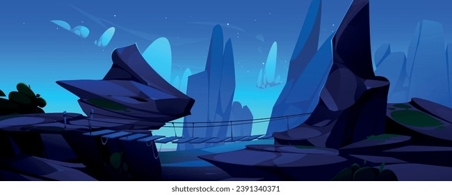 Old suspension bridge in night mountains. Vector cartoon illustration of wooden boards tied with rope above gap between rocky cliffs, stars and clouds glowing in dark sky, adventure game background