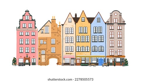 Viejas casas suecas se amontonan en la ciudad vieja. Arquitectura escandinava, bonitos exteriores de un edificio acogedor, fachadas antiguas con café, tienda en la ciudad histórica. Ilustración vectorial plana aislada en fondo blanco