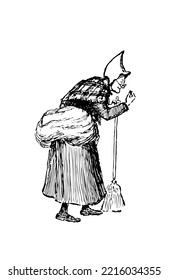 Old sweeper lady with broom illustration