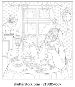 Old sweet granny drinks tea and looks out window at spring. Coloring book for children and adults. Illustration in zen-tangle style. Printable page for drawing and meditation. Black and white vector.