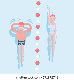old swimming in the pool. Vector illustration. Concept image, design element of modern lifestyle of old people.