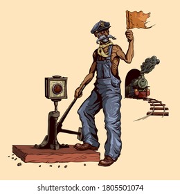 An old switchman switches the railway switch, in the background of an approaching train.