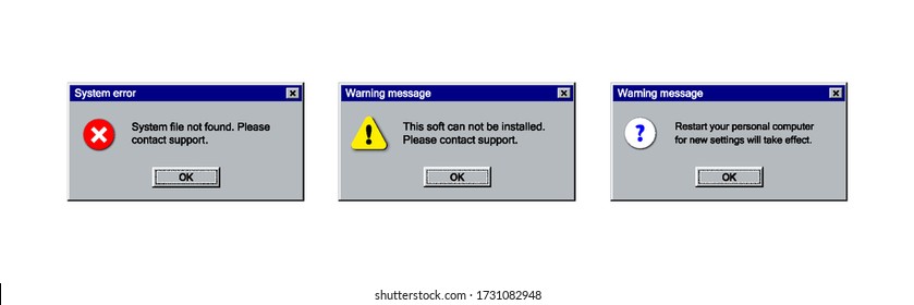 Old system message alert, abstract window set with icon and button in classic style. UI elements for computer screen, retro system window mockup. Caution, error and info message interface.
