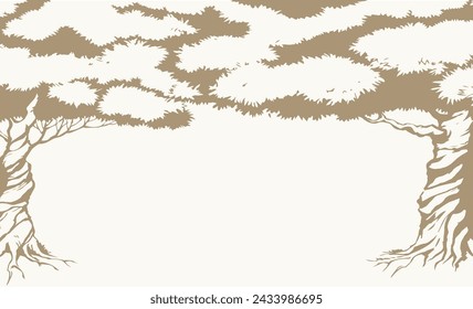 Old tall high stem copse twig crown arch fall flora lawn floral Israel hill field white sky text space scenic view. Black ink pen hand drawn organic eco oil herb scene doodle ancient retro art style