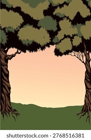 Old tall high stem copse twig crown arch fall flora lawn floral Israel hill field white sky text space scenic view. Black ink pen hand drawn organic eco oil herb scene doodle ancient retro art style