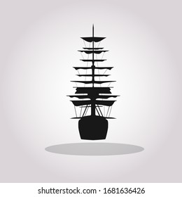 Old tall ship with sails vector icon. Black frigate silhouette on white background.Vector illustration