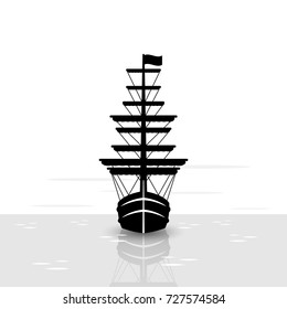 Old tall ship with sails vector icon. Black frigate silhouette on white background.