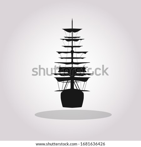 Old tall ship with sails vector icon. Black frigate silhouette on white background.Vector illustration