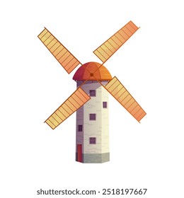 Antiguo edificio alto del molino de viento con la torre de piedra y las cuchillas de madera Ilustración vectorial