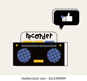 Old tape recorder device flat vector illustration with lettering. Portable stereo cassette player isolated on white background. Retro 90s music listening equipment. 