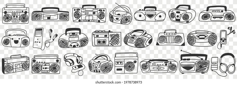 Old tape recorder doodle set. Collection of hand drawn various retro styled tape recorder for listening to music in rows isolated on transparent background 