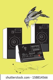 old tape recorder and  raven  on the top of the loudspeaker, music concept, vector  and illustration