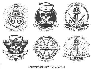 Old tattoo anchor set with ocean journey nautical heritage anchors aweigh ocean spirit descriptions vector illustration