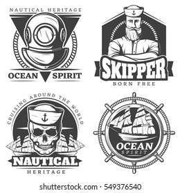 Old tattoo sailor naval label set with nautical heritage ocean spirit skipper old free descriptions vector illustration