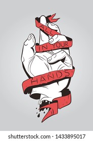 Old tattoo school. Hand holds a ribbon with a text