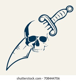 Old Tattoo School. Skull, sword tattoo art design. Traditional tattoo style. Can be used for t shirt print fashion design. Hand drawn vector illustration.