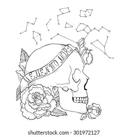 Old tattoo style hand-drawn illustration, "Remember that you will die" print. Great for your design.