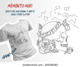 Old tattoo style hand-drawn illustration, "Remember that you will die" print. Great for your design.