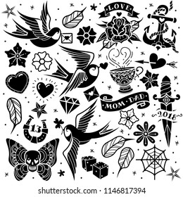 Old tattooing school black and white icons set with swallow rose heart cup of tea knife anchor skull nautical knot symbols isolated vector illustration