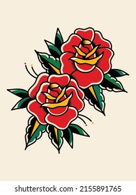 Icono de color de la vieja escuela de tatuajes con símbolos de rosas ilustraciones vectoriales aisladas.