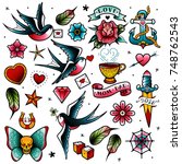 Old tattooing school colored icons set with swallow rose heart cup of tea knife anchor skull nautical knot symbols isolated vector illustration