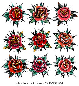 Old tattooing school colored icons set with roses symbols isolated vector illustration