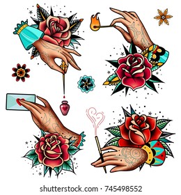 Old tattooing school colored icons set with hands roses heart burning match flowers letter cigarette holder bottle of potion symbols isolated vector illustration svg