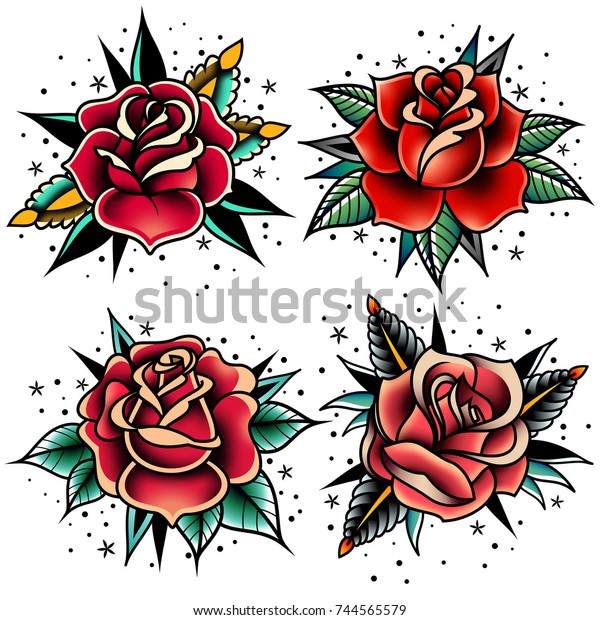 Old tattooing school colored icons\
set with roses symbols isolated vector\
illustration