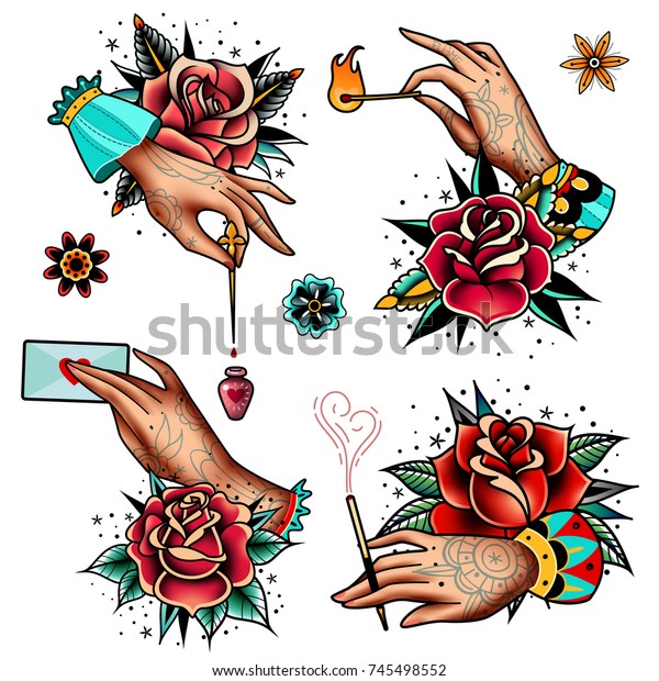 手にバラの花を燃やす古い入れ墨の色のアイコンセット 花にマッチする花の文字 ポーションシンボルのボトル 分離型ベクターイラスト のベクター画像素材 ロイヤリティフリー