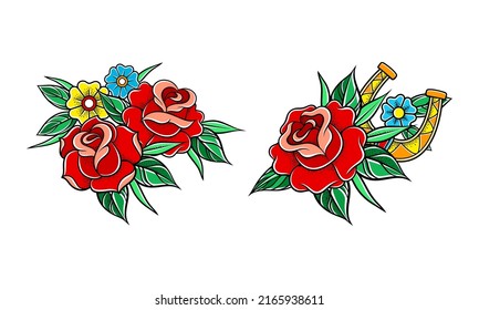 Old tattooing school designs set. Rose flowers tattoos at traditional vintage style vector illustration