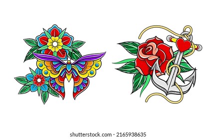 Old tattooing school designs set. Flowers, butterfly and anchor tattoos at traditional vintage style vector illustration