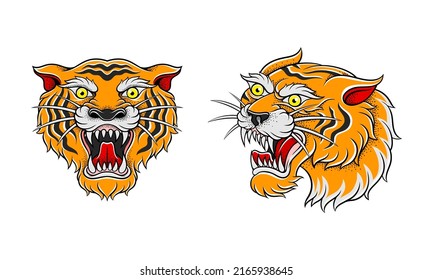 Old tattooing school designs set. Roaring tiger head tattoos at traditional vintage style vector illustration