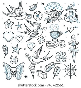 Old tattooing school outlines icons set with swallow rose heart cup of tea knife anchor skull nautical knot symbols isolated vector illustration