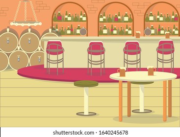 Old Tavern Interior Style. Beer and Wine Cellar with Wooden Barrels. Brick Walls in Bar Zone with Hundred Labeled Bottles. Public House. Refined Spirit Recreation. Place for Drinking and Socializing.