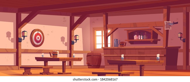 Old tavern, vintage pub with wooden bar counter, shelf with bottles, lanterns and beer mug on table. Vector cartoon empty interior of retro saloon with barrel and darts target on wall