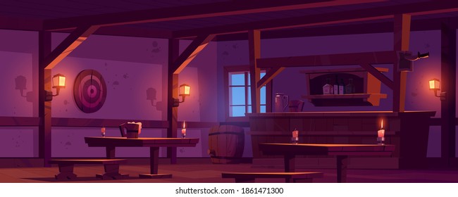Old tavern, vintage pub with wooden bar counter, shelf with bottles, glow lanterns and beer mug on table. Vector cartoon empty interior of retro saloon with barrel and darts target at night