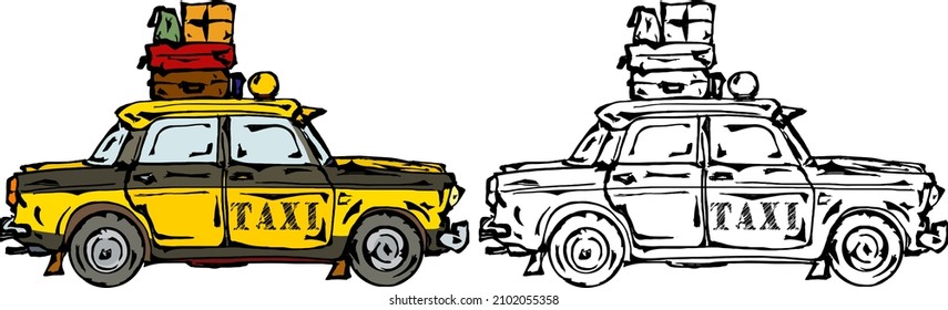 Old taxi cab with baggage strap to its rooftop. Hand drawn vector illustration.