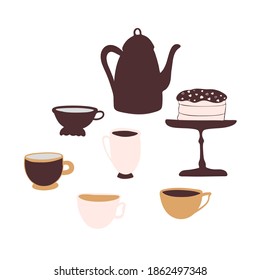 Old tea set in retro style, tea party with cake. Set of vector illustrations in doodle style, cups, teapot, cake stand. Cute elements for design of cards, invitations, surface design, scrapbooking