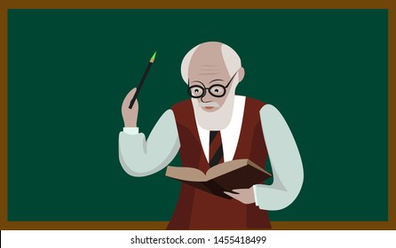 Old teacher with book, illustration, vector on white background.