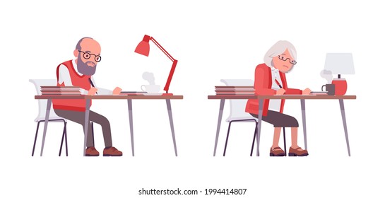 Old teacher, female, male senior professor, university tutor at desk. Busy experienced elderly master, aged education supervisor. Vector flat style cartoon illustration isolated, white background