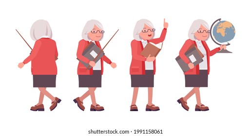 Old teacher, female senior professor, university, school or college tutor. Experienced elderly master, aged education supervisor. Vector flat style cartoon illustration isolated on white background