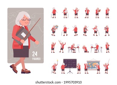 Old teacher, female senior professor, tutor character set, pose sequence. Experienced elderly school master, aged education supervisor. Full length, different views, gestures, emotions, position