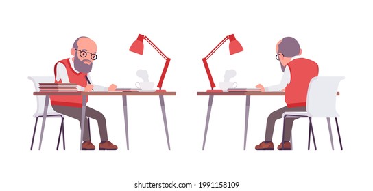 Old teacher, male senior professor, university, tutor working at desk. Experienced elderly master, aged supervisor. Vector flat style cartoon illustration isolated, white background, front, rear view