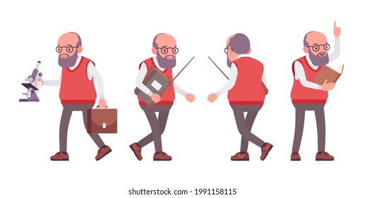 Old teacher, male senior professor, university, school, college tutor. Experienced elderly master, aged education supervisor tools. Vector flat style cartoon illustration isolated, white background