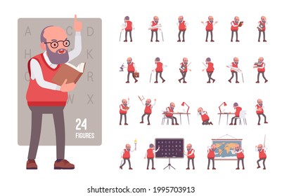 Old teacher, male senior professor, tutor character set, pose sequence. Experienced elderly school master, aged education supervisor. Full length, different views, gestures, emotions, position