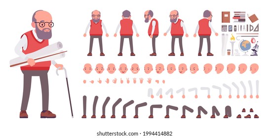 Old teacher, senior professor, university, school, college tutor construction set. Experienced elderly master, aged education master. Vector illustration, different emotions