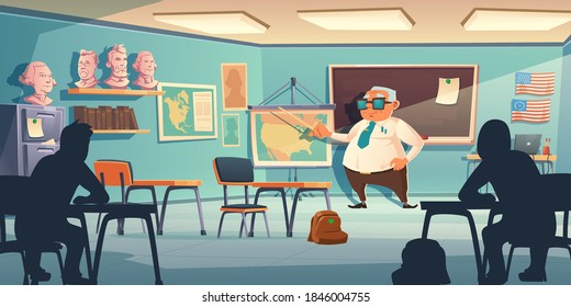 Old teacher trains children history in school classroom. Vector cartoon class interior with blackboard, historic map and famous people busts on shelf. Students study on lesson in college